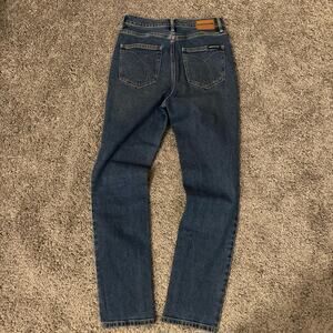 High waisted slim straight leg blue denim